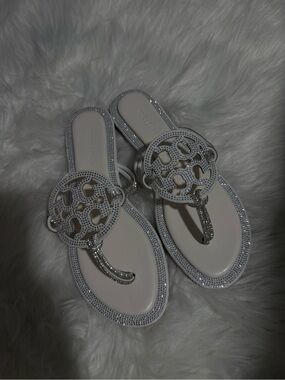 White Crystal-Embellished Logo Thong Sandals